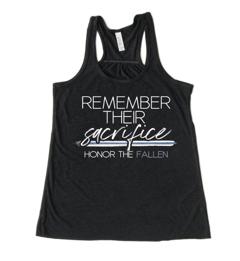 Remember Their Sacrifice/Honor The Fallen© Ladies Flowy Racerback Tank (White/Blue Shimmer)