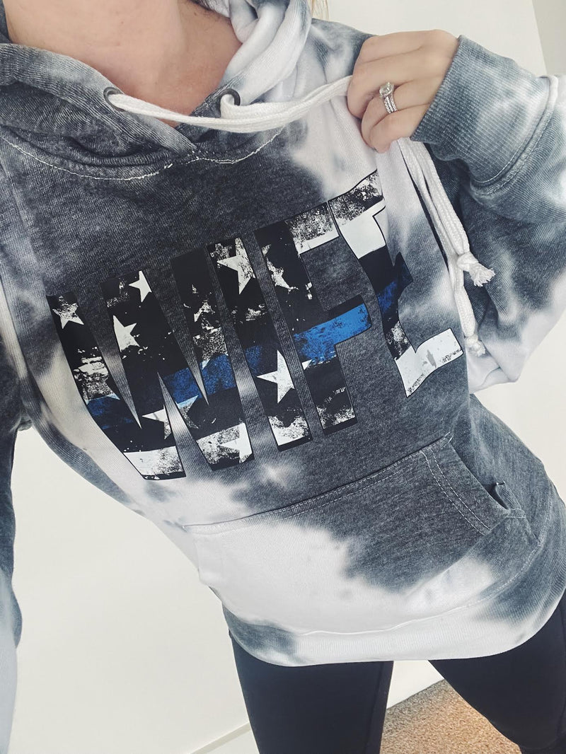 Distressed Wife Stars And Stripes © Unisex Tie Dye Hooded Sweatshirt (Thin Blue Line) // Final Sale