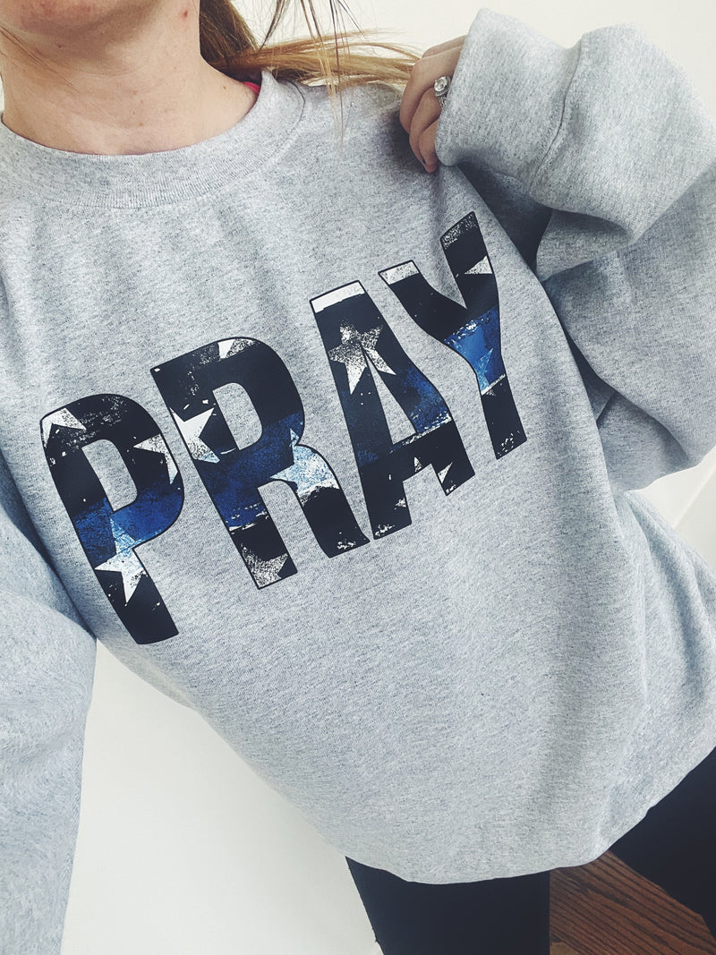 Distressed Pray Stars And Stripes © Unisex Crewneck Sweatshirt (Thin Blue Line)