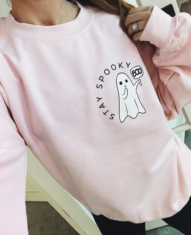 Stay Spooky Ghost © Pocket Print Unisex Crewneck Sweatshirt (Soft Pink)