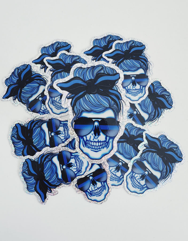 Thin Blue Line Girly Skeleton © Printed Glitter Sticker