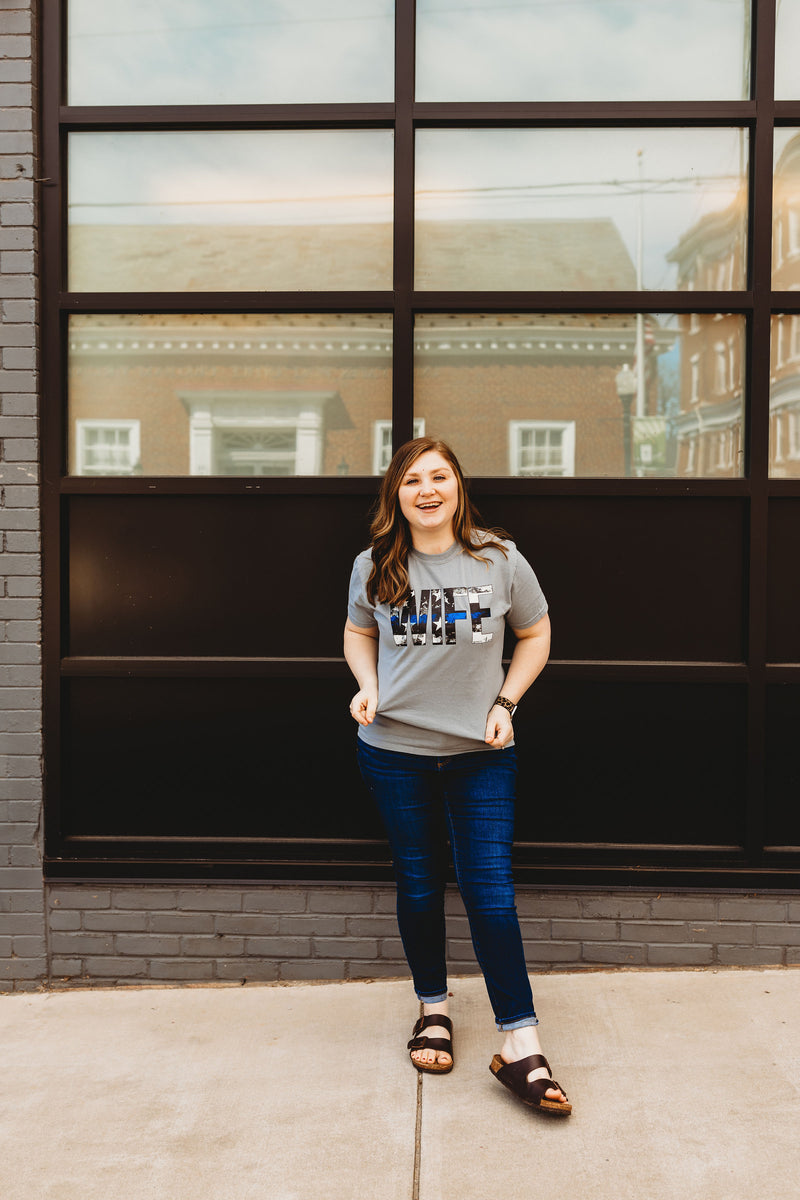 Distressed Wife Stars and Stripes © Comfort Colors Tee (Cement) // Thin Blue Line