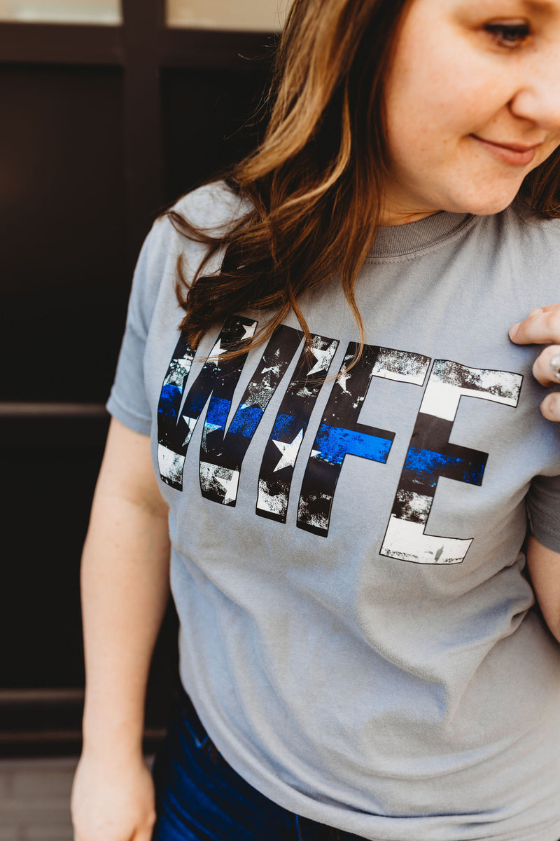 Distressed Wife Stars and Stripes © Comfort Colors Tee (Cement) // Thin Blue Line