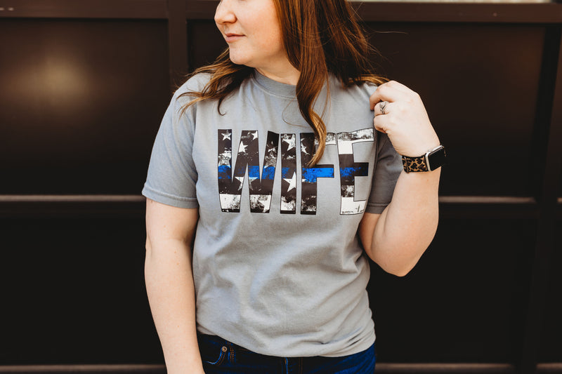 Distressed Wife Stars and Stripes © Comfort Colors Tee (Cement) // Thin Blue Line