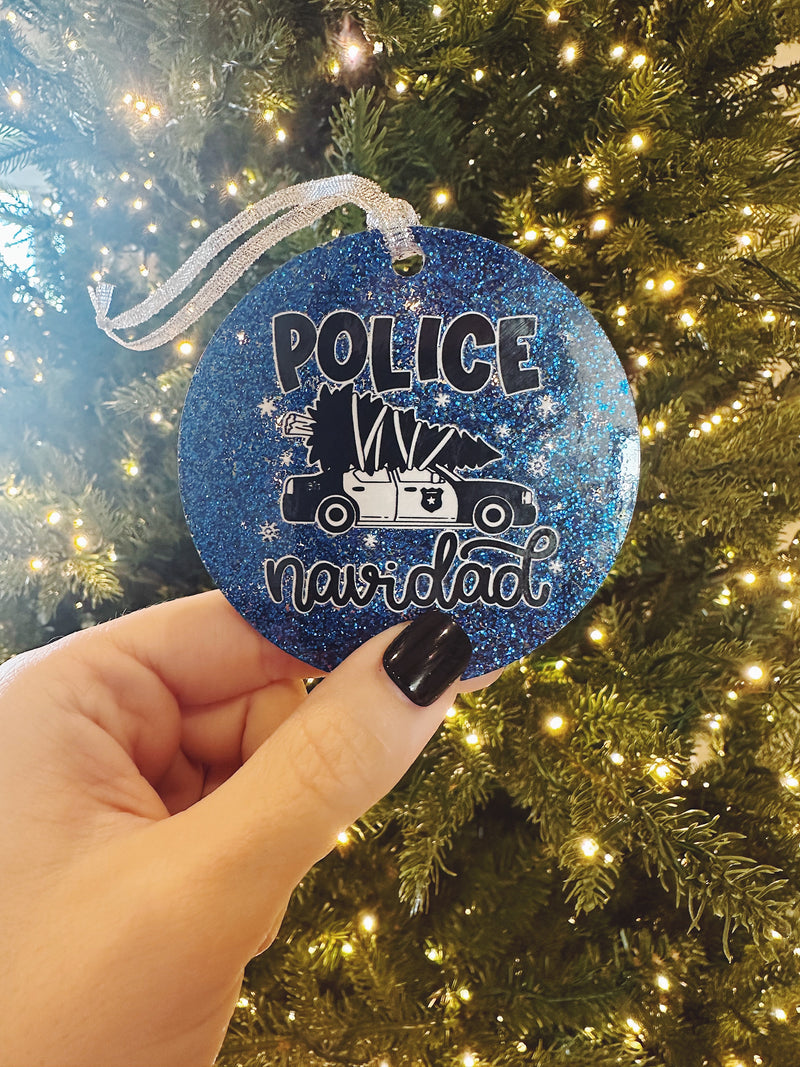 Police Navidad Glitter Acrylic Round Ornament  // FINAL SALE