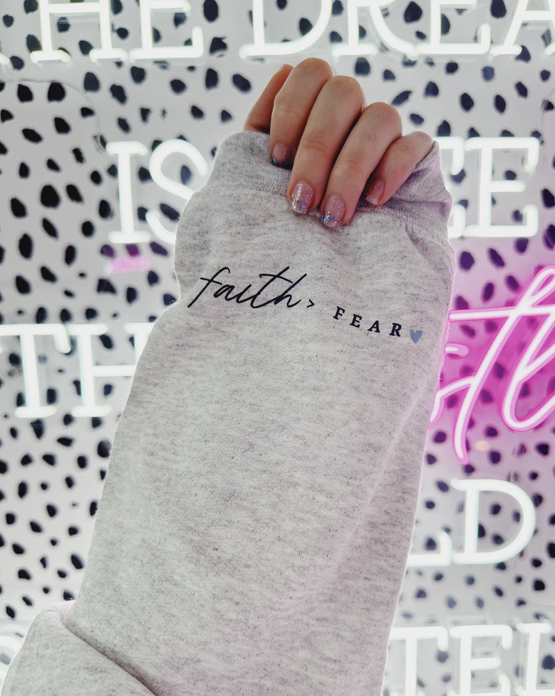 PRAY / Faith > Fear ©  Sleeve Print Unisex Crewneck Sweatshirt // FINAL SALE