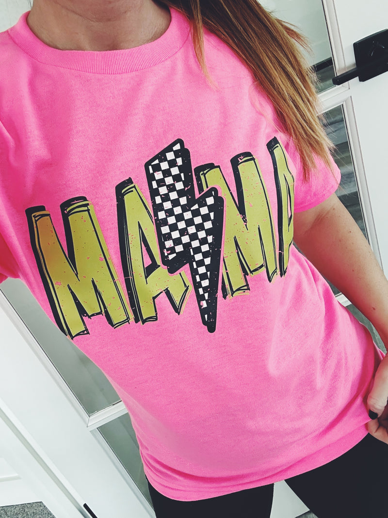 MAMA Checkered Lighting Bolt © Unisex Top (Neon Pink)