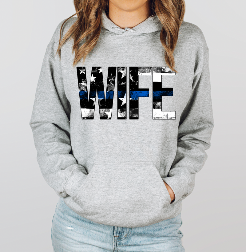 Distressed Wife Stars And Stripes © Unisex Hoodie (Thin Blue Line) // Final Sale