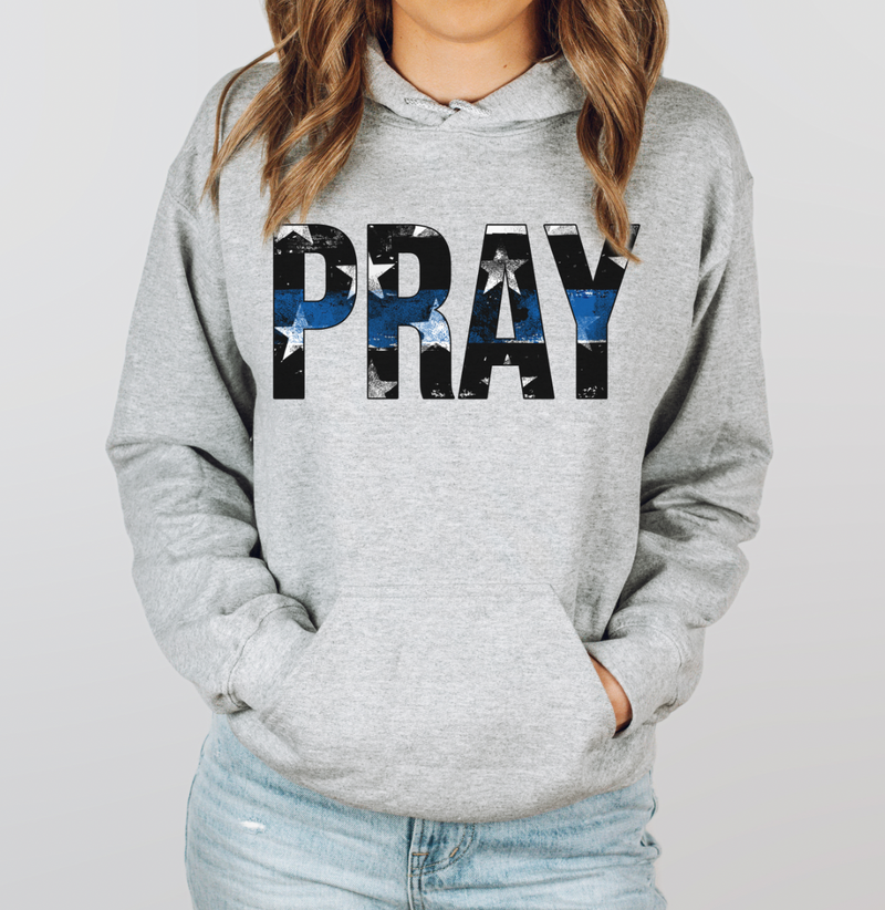 Distressed Pray Stars And Stripes © Unisex Hoodie (Thin Blue Line) // Final Sale