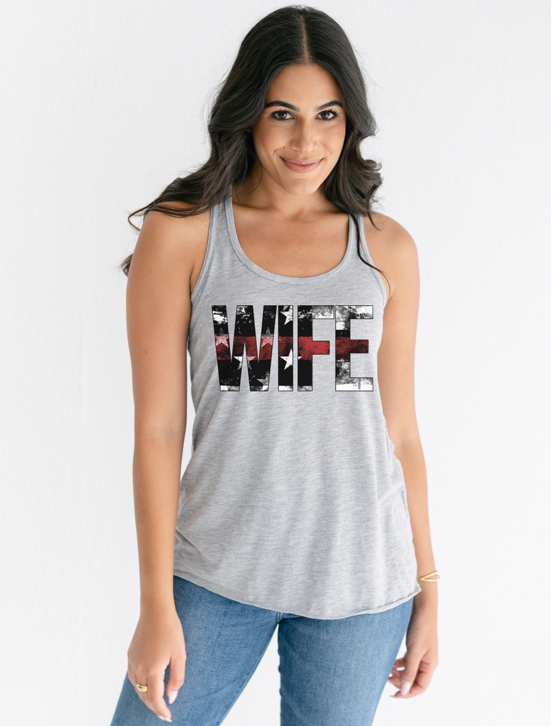 Distressed Wife Stars And Stripes © Ladies Flowy Racerback Tank (Thin Red Line)