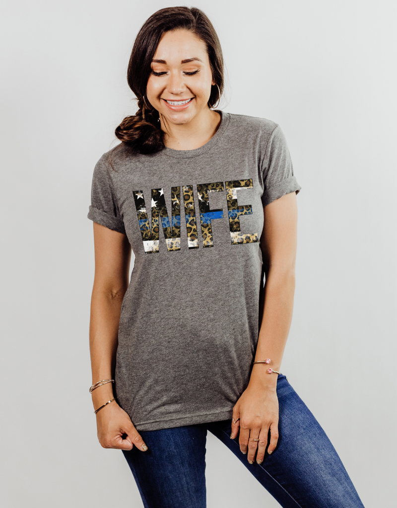 Distressed Wife Leopard Stars And Stripes © Unisex Top (Thin Blue Line) // Deep Heather