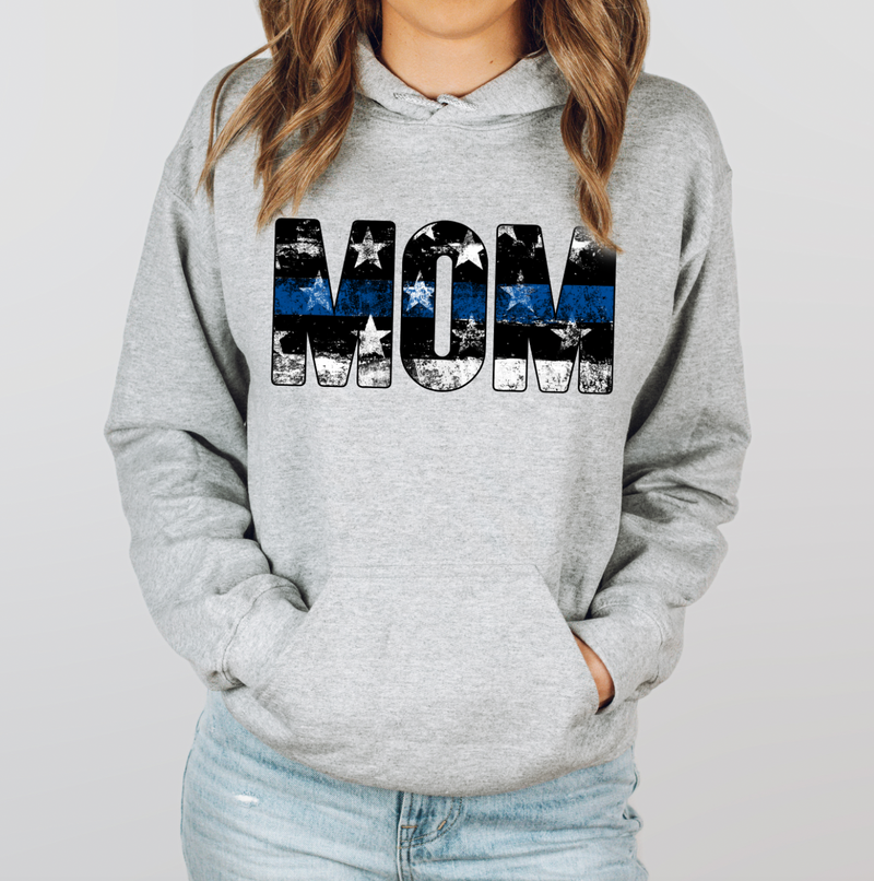 Distressed MOM Stars And Stripes © Unisex Hoodie (Thin Blue Line) // Final Sale