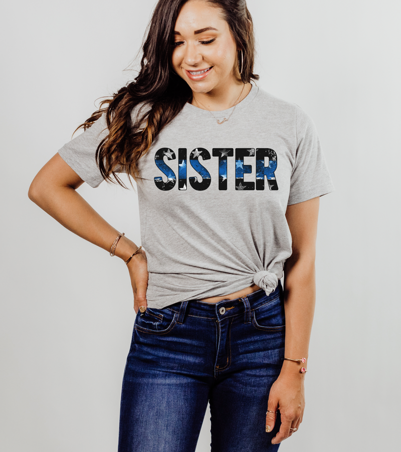 Distressed SISTER Stars And Stripes © Unisex Top (Thin Blue Line)