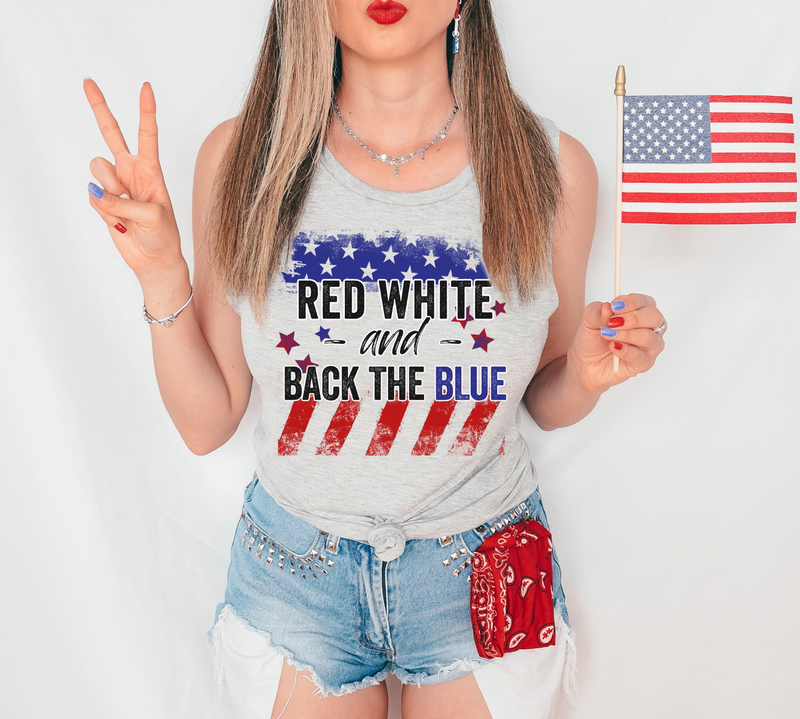 Red White And Back The Blue (Distressed) © Ladies Flowy Muscle Tank