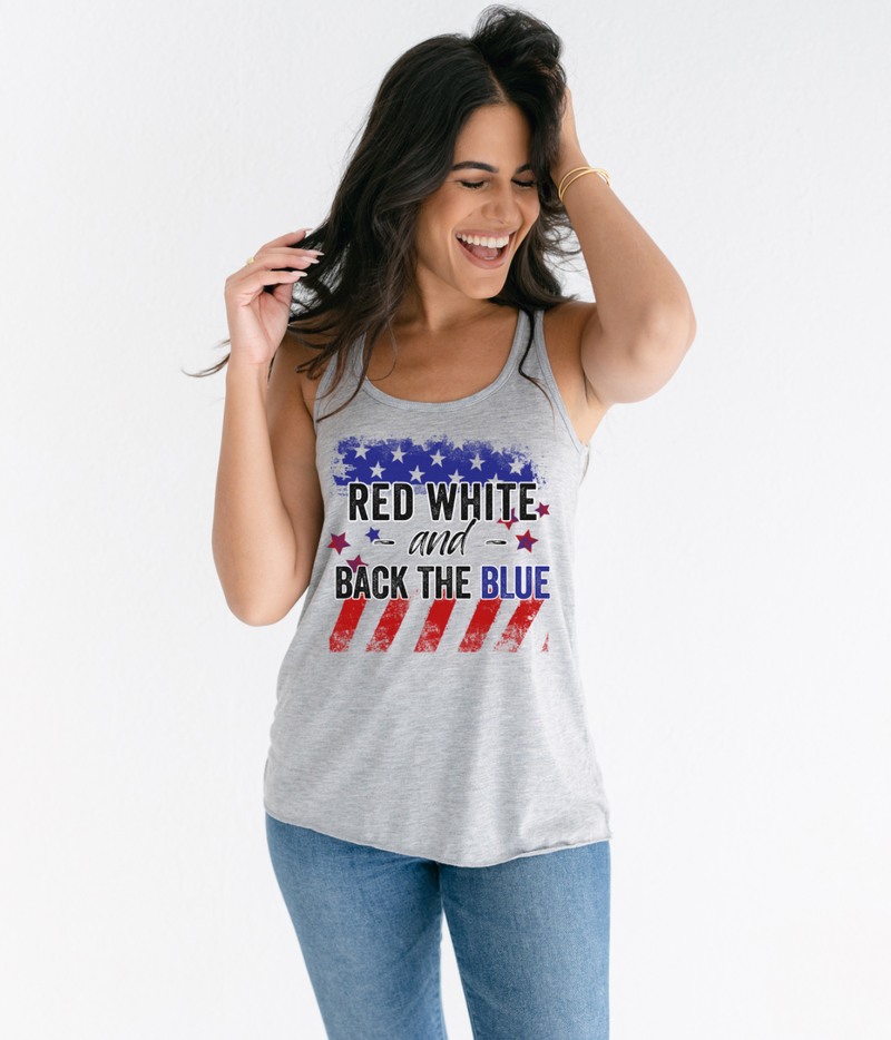 Red White And Back The Blue (Distressed) © Ladies Flowy Racerback Tank