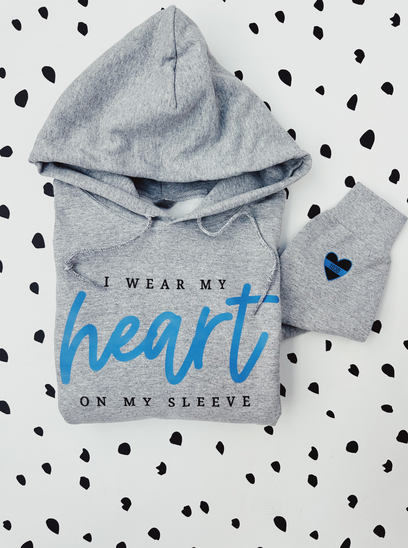 *CUSTOM* I Wear My Heart On My Sleeve + Badge Number Heart ©  Sleeve Print Unisex Hoodie // FINAL SALE