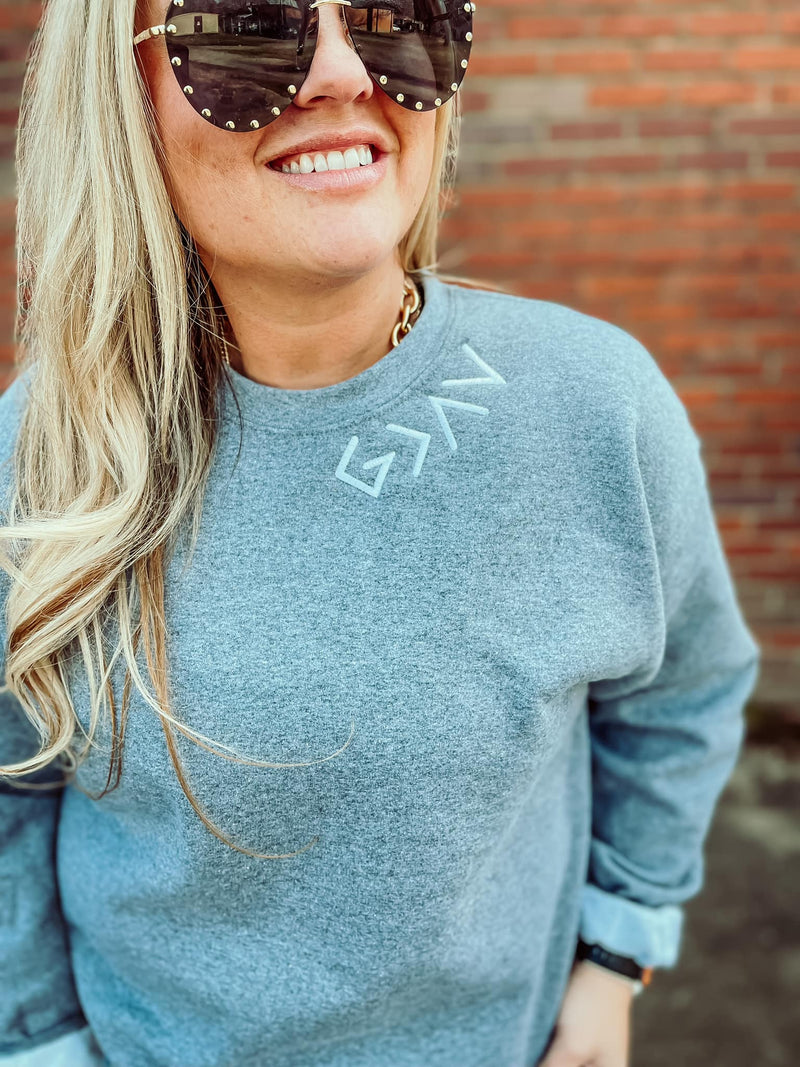 God Is Greater Than The Highs And Lows © Embroidered Unisex Crewneck Sweatshirt (Graphite Heather Grey) // FINAL SALE