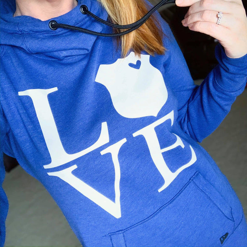 LEO Love Square © Cowl Neck Fleece Hoodie // Select Your Badge (Royal Heather + White)