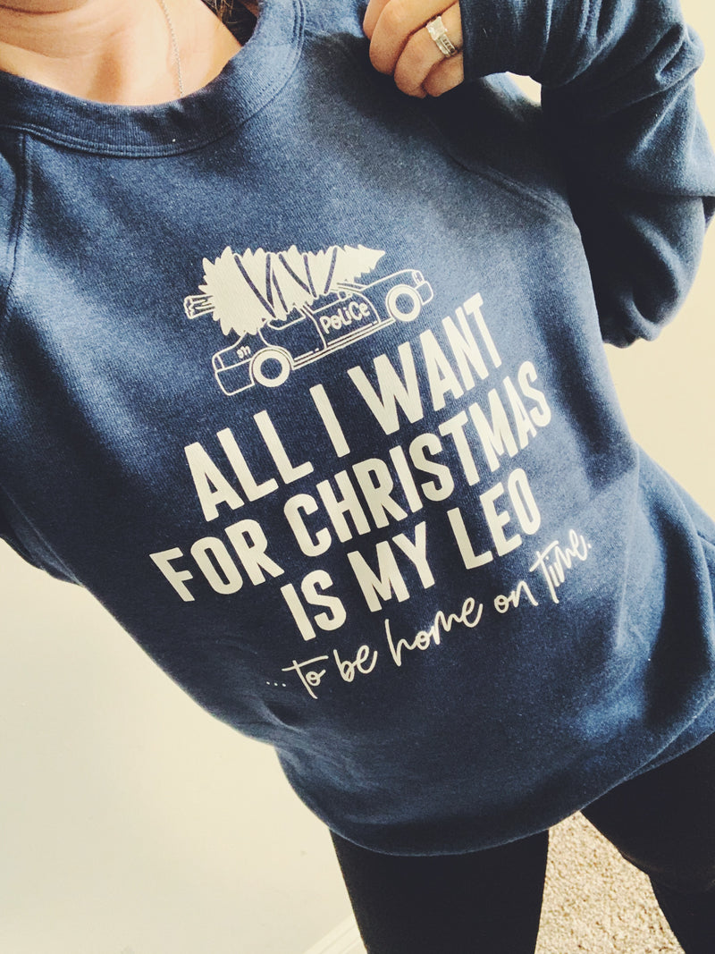 All I Want For Christmas Is My LEO © Unisex Crewneck Sweatshirt (Navy Triblend + White)