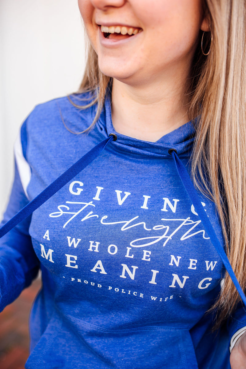 Giving Strength A Whole New Meaning© LEO Ladies Varsity Hoodie (Royal Heather + White)