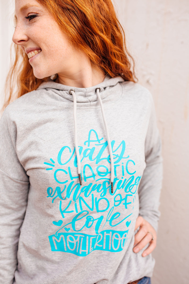 Crazy, Chaotic, Exhausting Kind of Love © Unisex French Terry ™ Hoodie (Light Heather Grey +Turquoise)