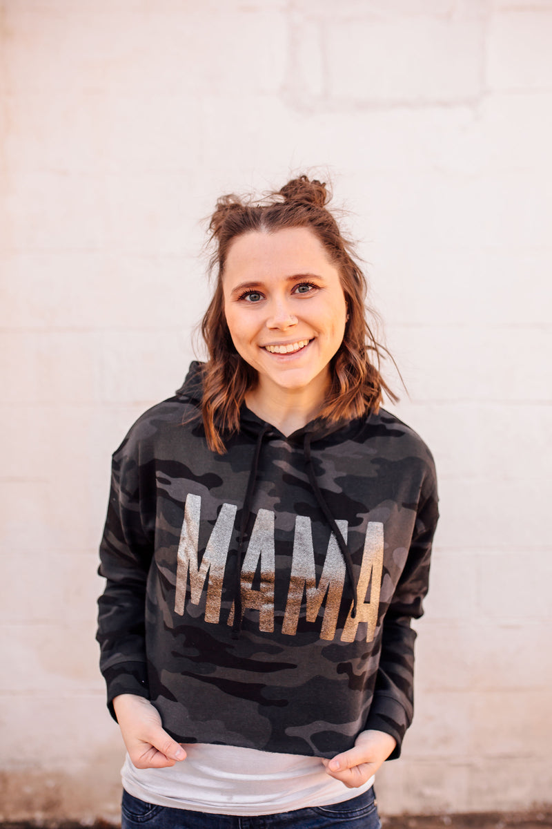MAMA Bold © Ladies Cropped Hooded Sweatshirt (Black Camo + Black Glitter)
