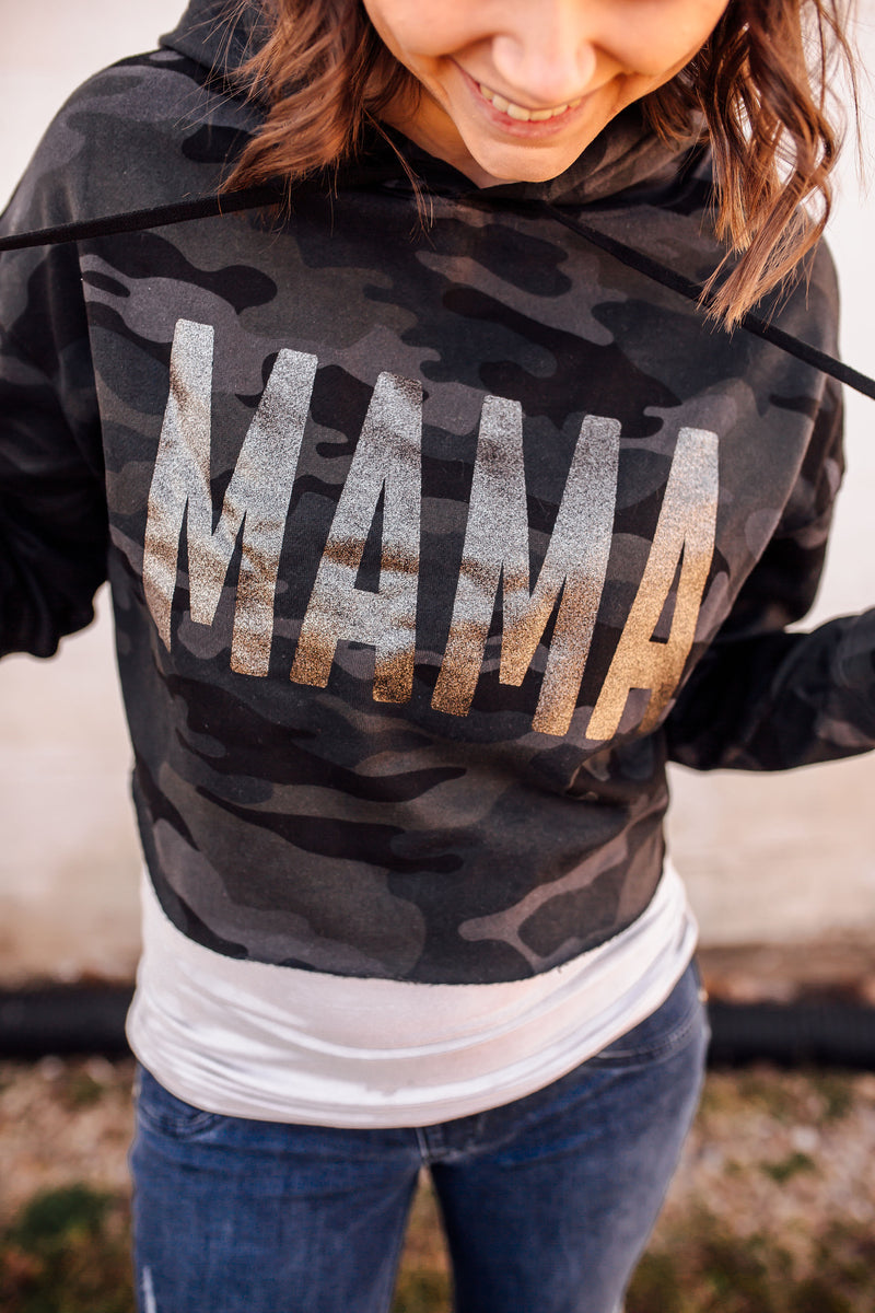 MAMA Bold © Ladies Cropped Hooded Sweatshirt (Black Camo + Black Glitter)
