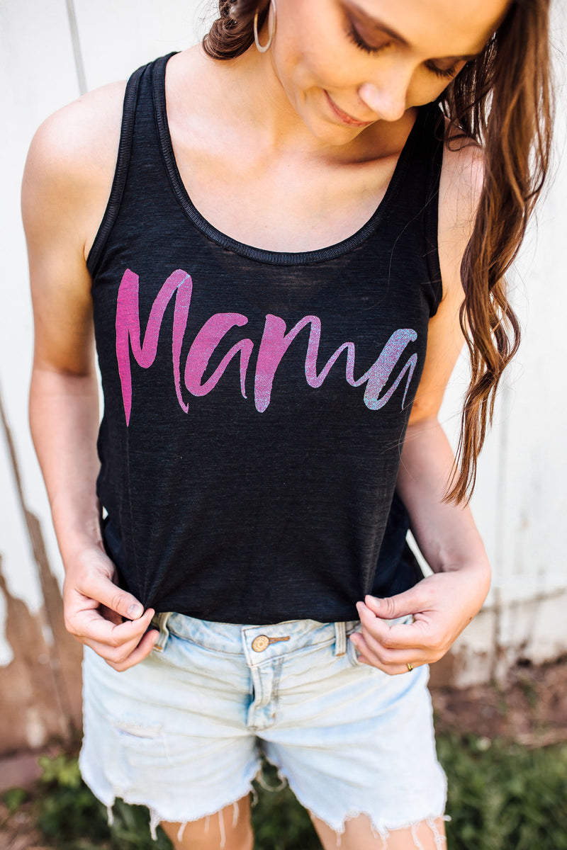 MAMA Script Ladies Flowy Racerback Top (Ombré Glitter)