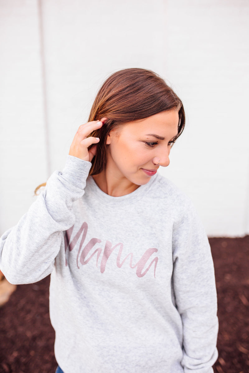 MAMA Script Unisex Eco-Fleece Crewneck Sweatshirt (Ash White + Rose Gold Shimmer)