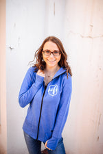 Wife Emblem Pocket Print Ladies Cowl Neck Full Zip Fleece Hoodie (Royal Blue)