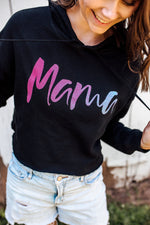 Mama Script Ladies Cropped Hooded Sweatshirt (Ombré Glitter)
