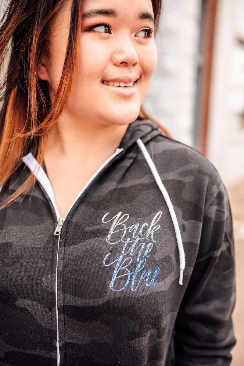 Back The Blue Script © Unisex Zip Hoodie (Ombré Glitter)