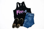 MAMA Script Ladies Flowy Racerback Top (Ombré Glitter)