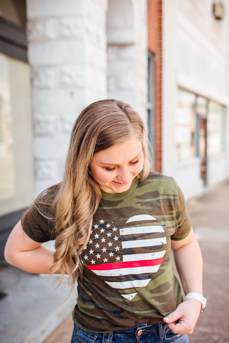 Grunge Heart Flag © Unisex Eco-Jersey Crew Top (Camo + Thin Red Line)