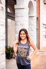 Where Mayhem Begins And Love Never Ends © Ladies Flowy Racerback Tank (Colada + Gold Ombré Glitter)