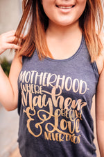 Where Mayhem Begins And Love Never Ends © Ladies Flowy Racerback Tank (Colada + Gold Ombré Glitter)