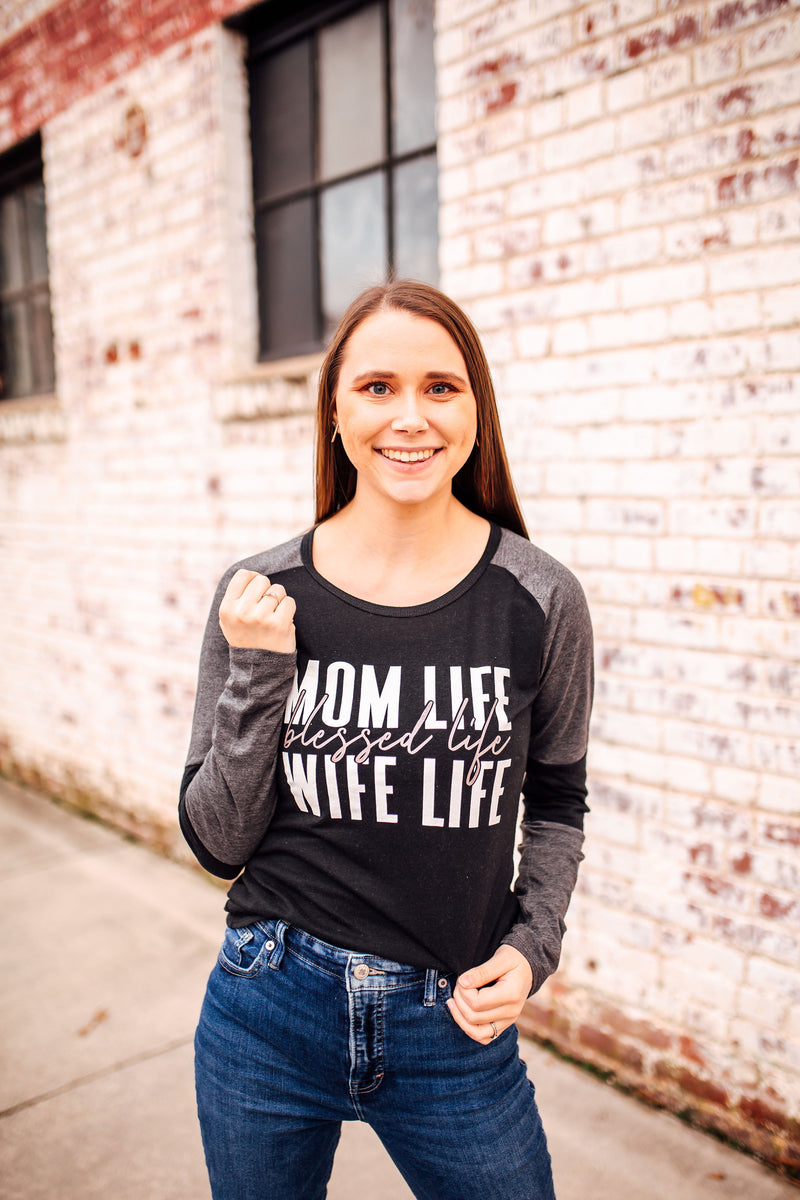 Mom Life, Blessed Life, Wife Life Ladies Colorblock Baseball Tee (Graphine/Black)