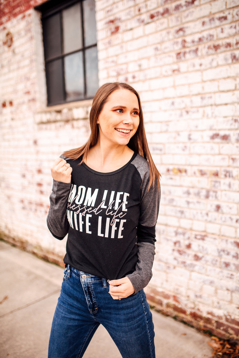 Mom Life, Blessed Life, Wife Life Ladies Colorblock Baseball Tee (Graphine/Black)