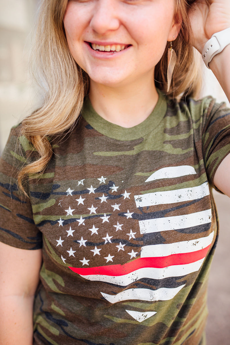 Grunge Heart Flag © Unisex Eco-Jersey Crew Top (Camo + Thin Red Line)