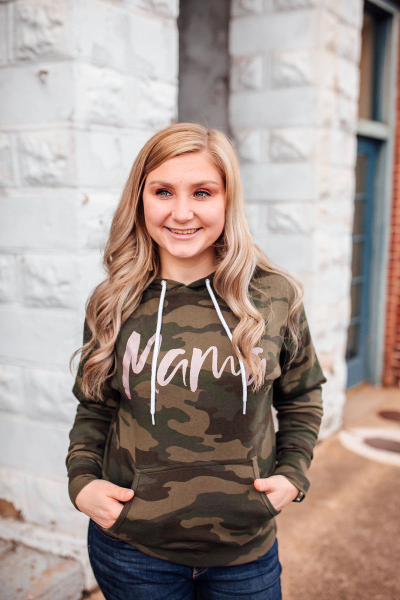 MAMA Script Camo Unisex Hoodie (Forest Camo + Rose Gold Shimmer)