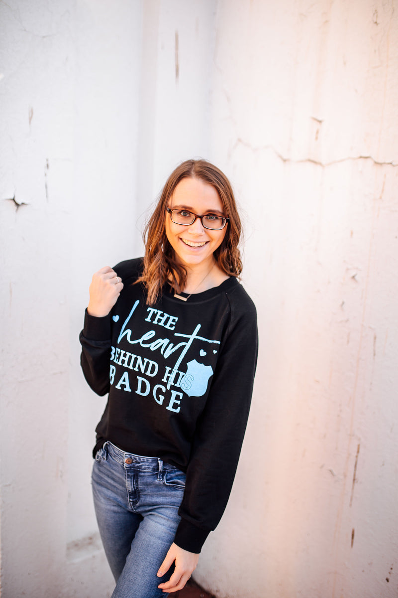 The Heart Behind His Badge Ladies French Terry Sweatshirt (Black + Columbia Blue)