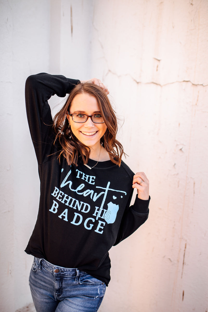 The Heart Behind His Badge Ladies French Terry Sweatshirt (Black + Columbia Blue)