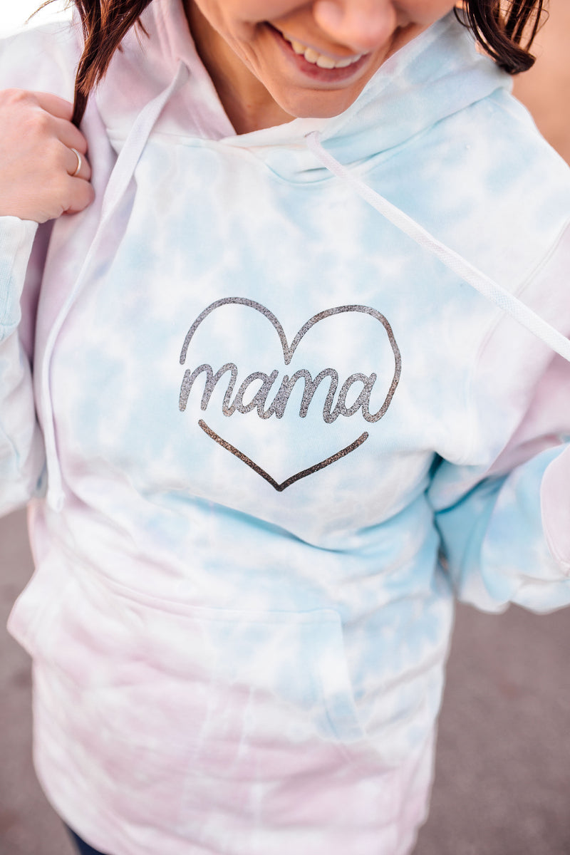 Mama Script Heart © Unisex Pullover Hoodie (Cotton Candy + Black Glitter)