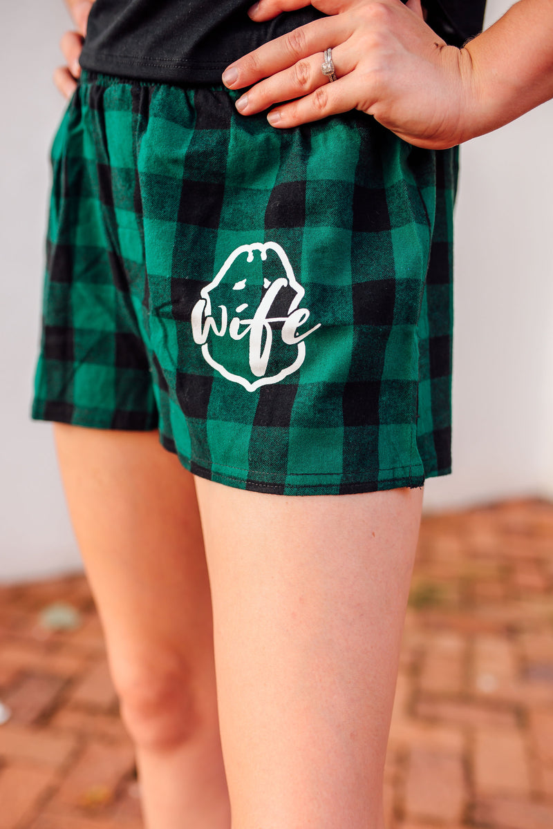 Wife Emblem Pocket Print © Ladies Flannel Shorts (Hunter Green/Black Buffalo)