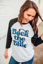 Back The Blue Script © Unisex Baseball Raglan (Buffalo Plaid)