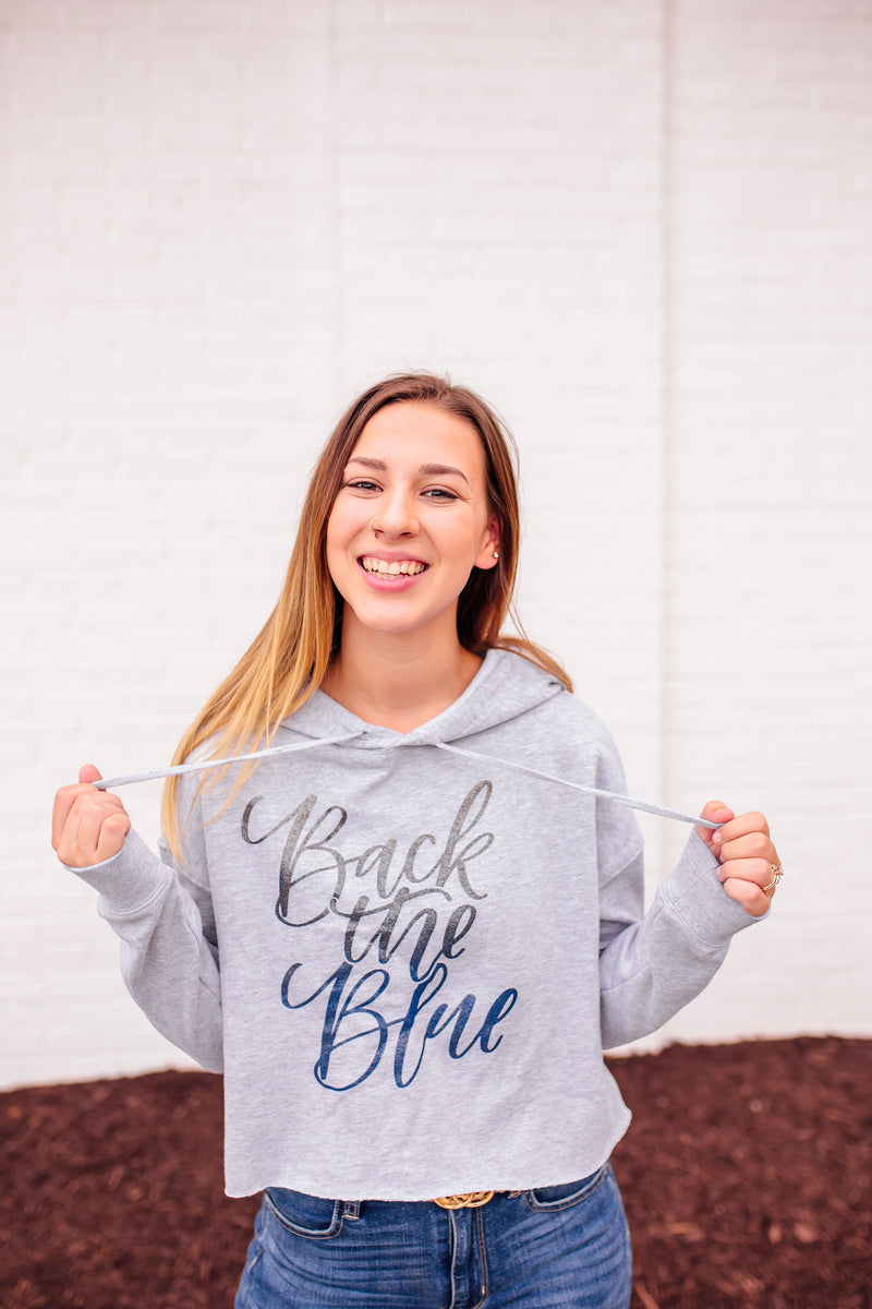 Back The Blue Script © Ladies Cropped Hooded Sweatshirt (Heather Grey + Ombré Glitter)