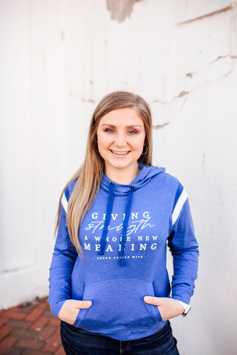 Giving Strength A Whole New Meaning© LEO Ladies Varsity Hoodie (Royal Heather + White)