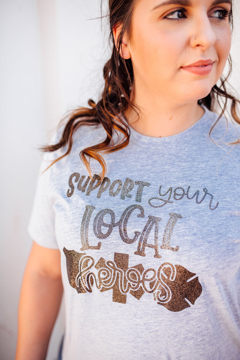 The ORIGINAL Support Your Local Heroes© Unisex Top (Heather Blue + Black Glitter)