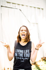Living Life On The Edge Ladies Flowy Muscle Tank (Black Heather + Chambray)