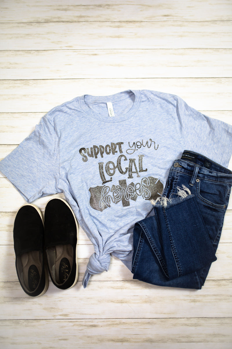 The ORIGINAL Support Your Local Heroes© Unisex Top (Heather Blue + Black Glitter)